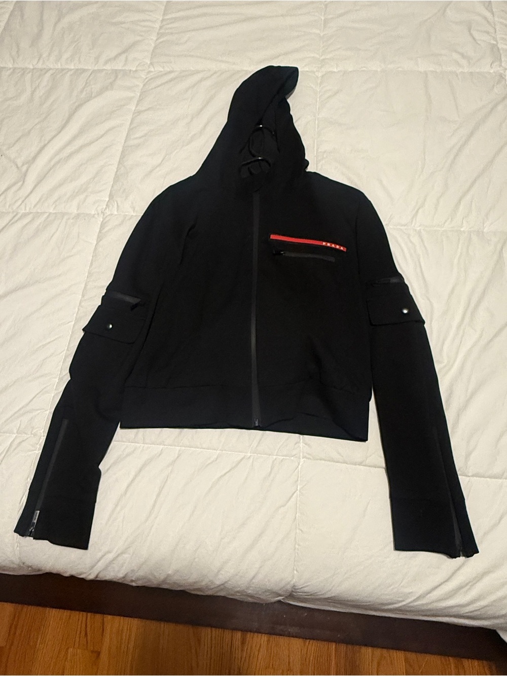 Prada sweatsuit Black Hooded Jacket with Red Zip Detail